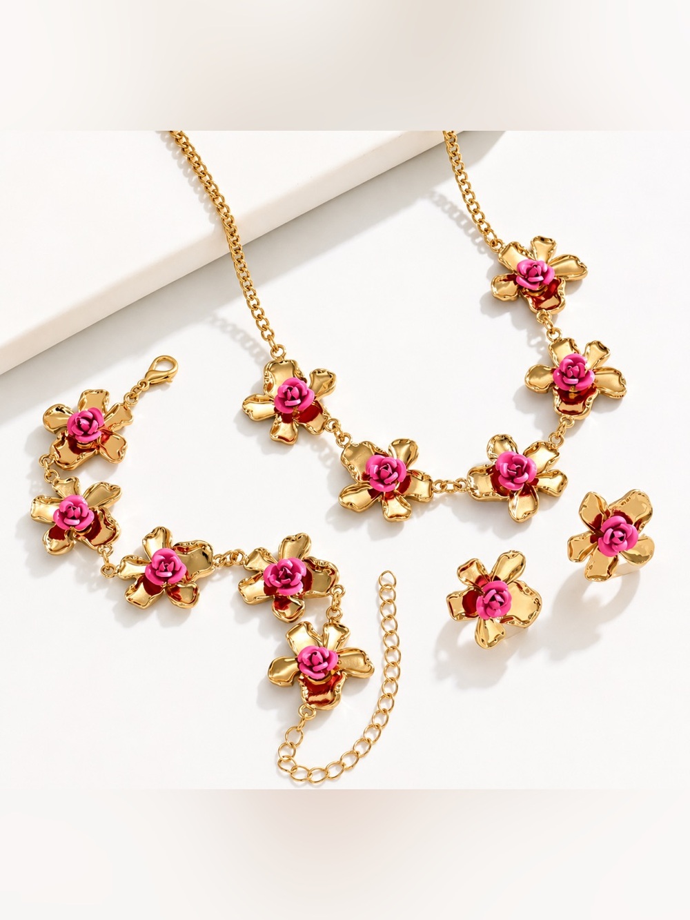 Gold-Tone Floral Necklace and Bracelet Set with Pink Rose Accents